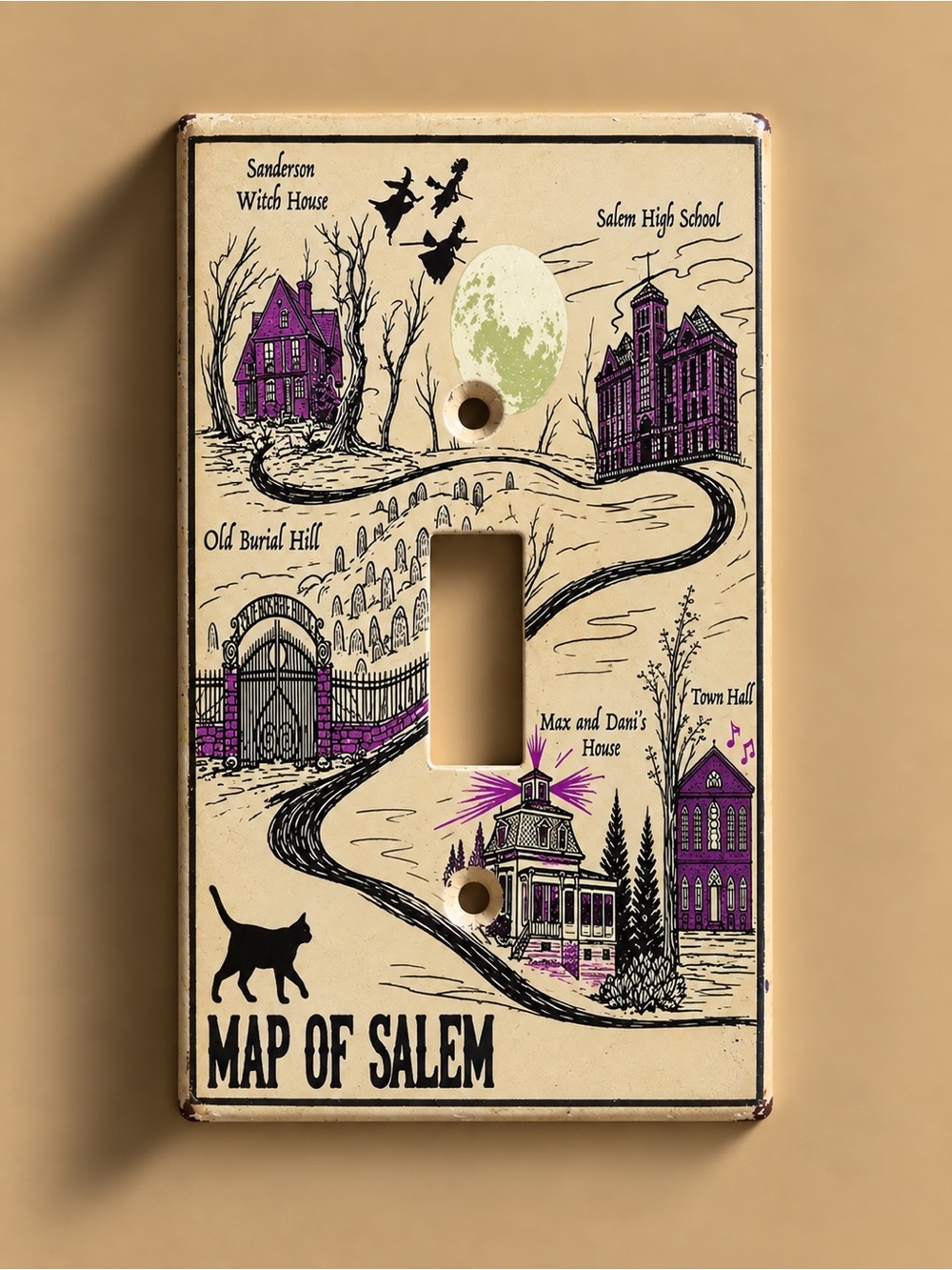 Handmade Map of Salem Decorative Light Switch Cover - Purple & Cream Wall Decor
